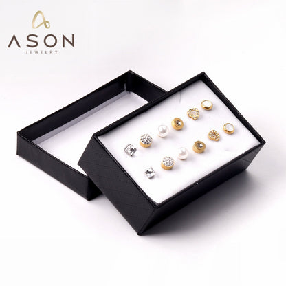 ASON 6pairs/Box Round Square Cubic Zirconia Pearl Stud Earrings Sets Gold Color Stainless Steel For Women Jewelry Piercing