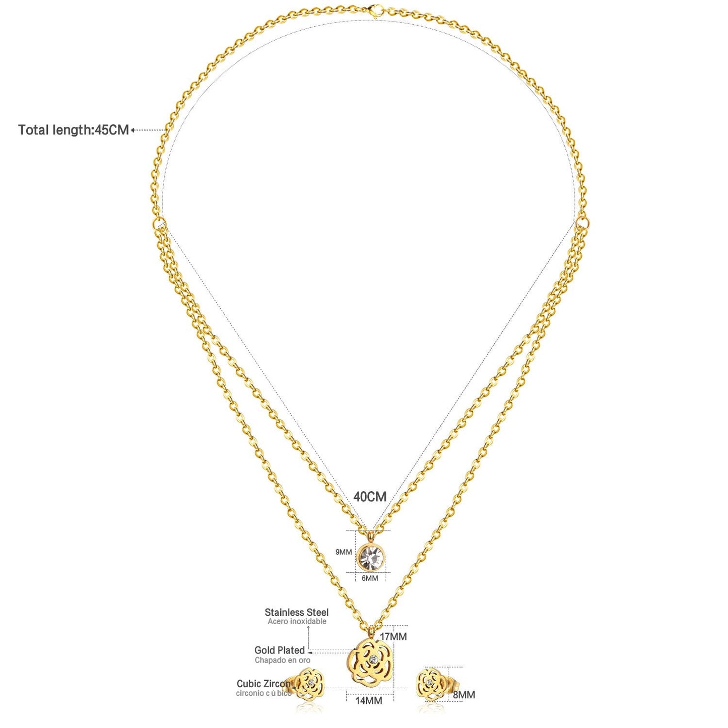 ASON Bridal Hollow Flower Pendant Necklace Small Stud Earrings Jewelry Set Gold Color for Women Stainless Steel For Women