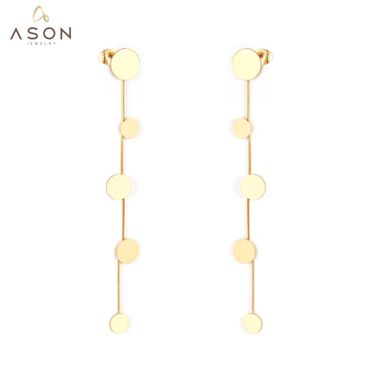 ASON Trendy Dangle Round Pendants Piercing Drop Earrings Gold Color Stainless Steel for Women Party Gift Fashion Jewelry