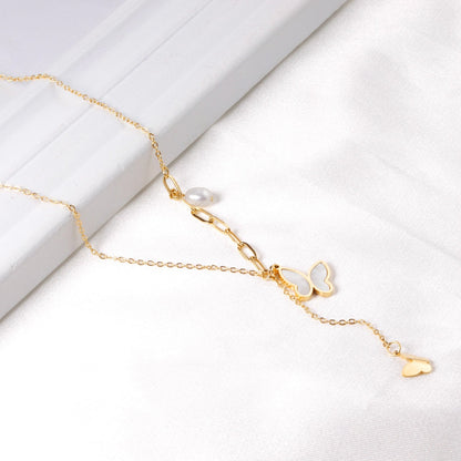 ASON Shell Butterfly Pendant Necklace with Imitation Pearl Stainless Steel Chain for Women Fashion Jewelry Accessories