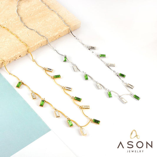 ASON Trendy Rectangle Cubic Zirconia Mixed Color Pendant Necklace Gold Color Stainless Steel For Women Chokers Jewelry 2022