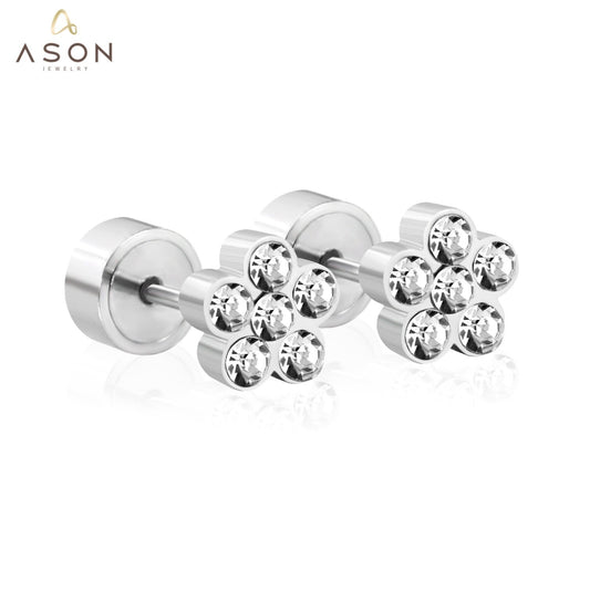 ASON White Crystal Earrings for Women/Kid Stainless Steel Flower Shape Silver Color Earring Fashion Jewelry Daily Wear
