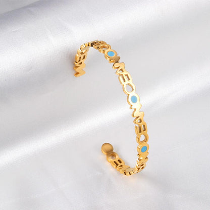 Mental Cuff Bracelets For Female Letter Stainless Steel Bangles With Blue Printed Christmas Vibe Trendy Jewelry Man