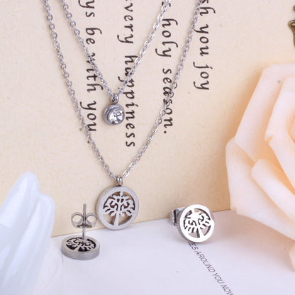 New Arrival Tree Round Crystal Pendant Double Dubai Wedding Necklace Earring Sets For Women Jewelry Wholesale