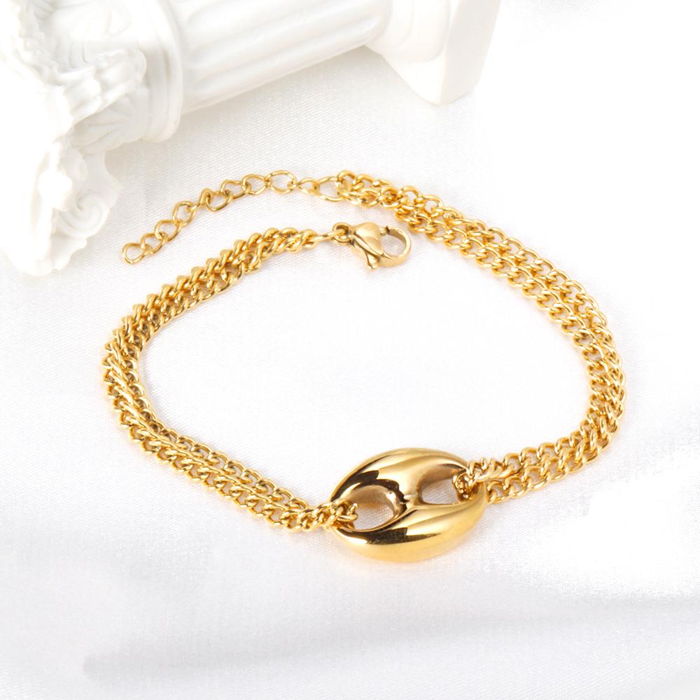 ASON 316L Stainless Steel Charm Nose Connector Bracelet Gold Color Bangle with Extender 17+3cm Fashion Jewelry Accessories