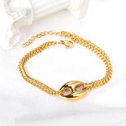 ASON 316L Stainless Steel Charm Nose Connector Bracelet Gold Color Bangle with Extender 17+3cm Fashion Jewelry Accessories