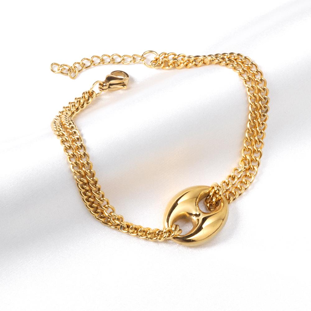 ASON 316L Stainless Steel Charm Nose Connector Bracelet Gold Color Bangle with Extender 17+3cm Fashion Jewelry Accessories
