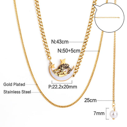 Moon With Cute Astronaut Design Elegant Chain With Imiatation Pearl Double Layer Jewelry On Neck Statement Collier