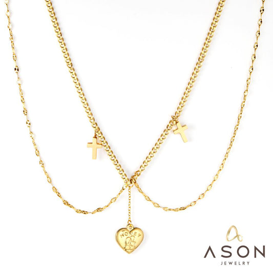 ASON Fashion Heart Cross Multi-layer Chain Pendant Necklace Gold Color Stainless Steel Choker for Women Jewelry Accessories
