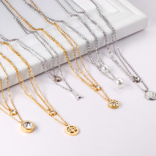 Double Layer Chain Pendants Necklaces For Women Girls Gold Color Silver Tone Stainless Steel CZ Crystal Round Choker