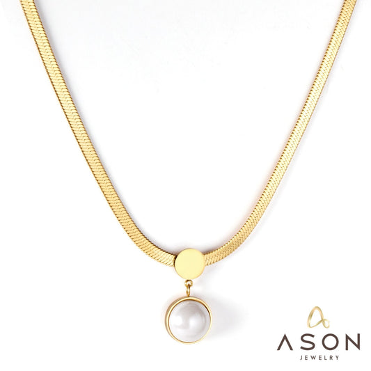 ASON Gold Color Flat Snake Chain Round Imitation Pearl Pendant Necklace Stainless Steel Choker for Women Fashion Jewelry