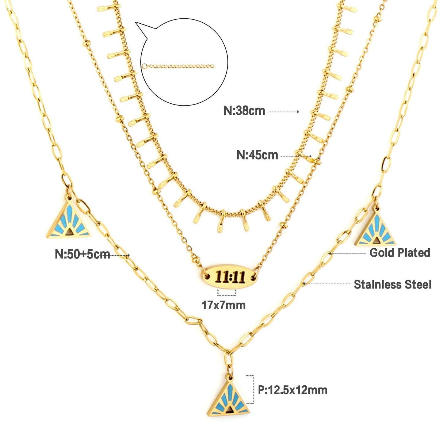 Three-Layered Necklaces Blue Pyramid Pendant For Women Gilrs Gold Color Stainless Steel Choker Elegant Neck Collar