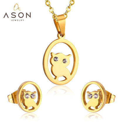 ASON Gold Color 316L Stainless Steel Jewelry Sets  for Women Round Owl Pendant Necklace Small Stud Earrings for Femme