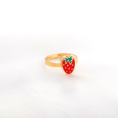 ASON Trendy Style Cute Strawberry Shape Circle Ring Gold Color Stainless Steel For Women Jewelry Accessory Daily Wear Patry