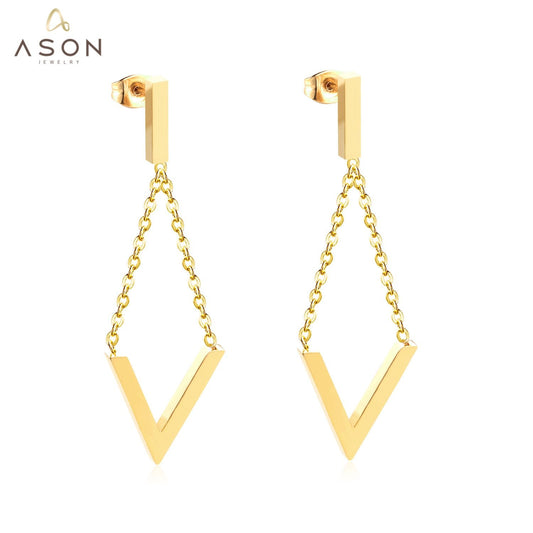 ASON Elegant V Letter Drop Earrings 316L Stainless Steel Geometric Hanging Dangle Earrings for Women Accessories Jewelry