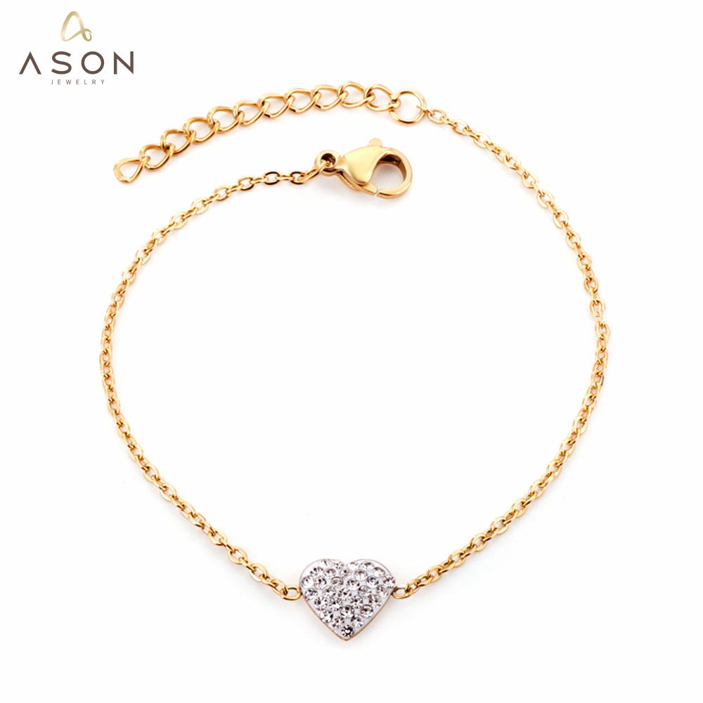 ASON Trendy Cubic Zirconia Heart Shape Chain Bracelets Gold Color Stainless Steel For Women Daily Wear Jewelry Accessory