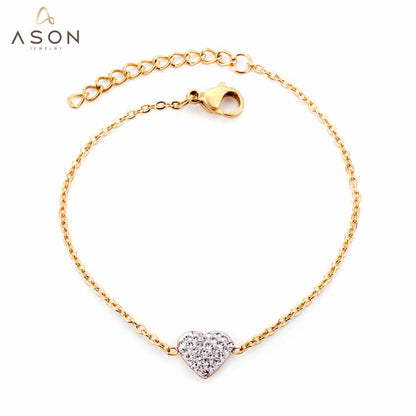 ASON Trendy Cubic Zirconia Heart Shape Chain Bracelets Gold Color Stainless Steel For Women Daily Wear Jewelry Accessory