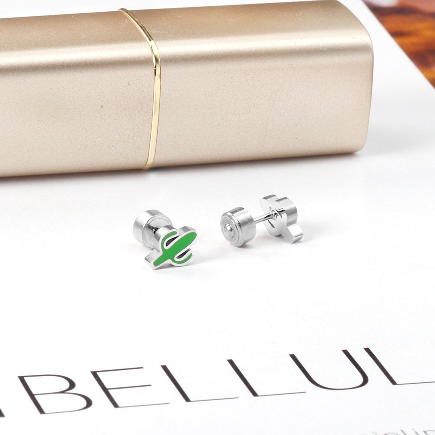 ASON Lovely Children's Ear Stud Silver Color Stainless Steel Green Cactus Cartoon Stud Earrings for Girl Gifts Jewelry