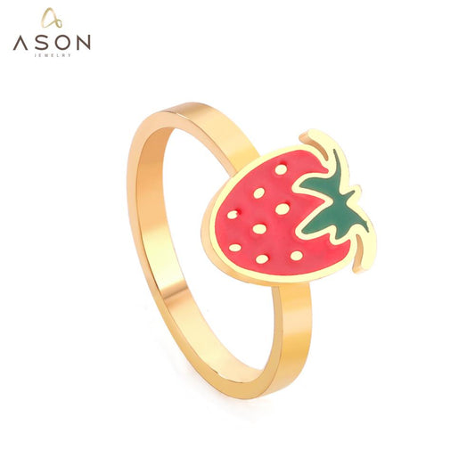 ASON Trendy Style Cute Strawberry Shape Circle Ring Gold Color Stainless Steel For Women Jewelry Accessory Daily Wear Patry