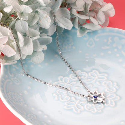 Blue Evil Eyes Bead Four Leaf Clover Pendant Necklace For Women Girls Silver Plate Stainless Steel Rolo Chain Choker