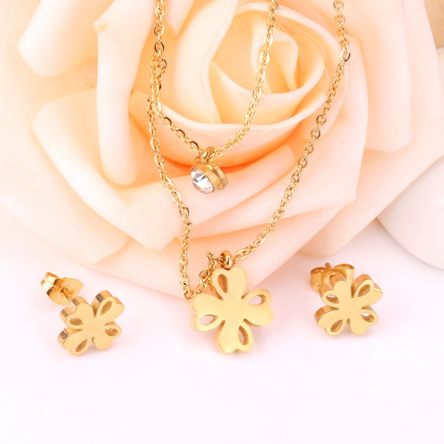 Flower Pendant Chain Crystal Gold Stainless Steel Double Necklace Stud Earrings Sets For Women  African Jewelry Set