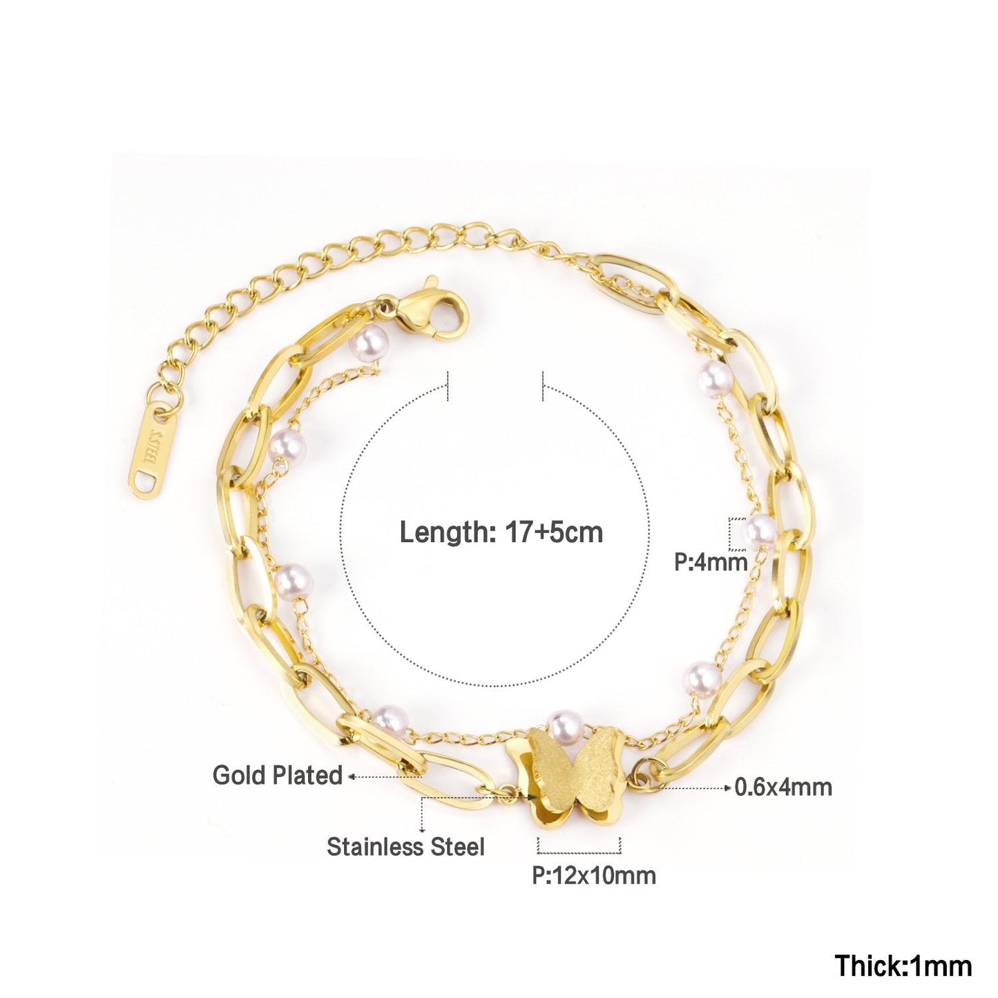 ASON Gold Color Butterfly Charm Imitation Pearl Chain Bracelet Stainless Steel Bangle for Women Fashion Jewelry Party Gift