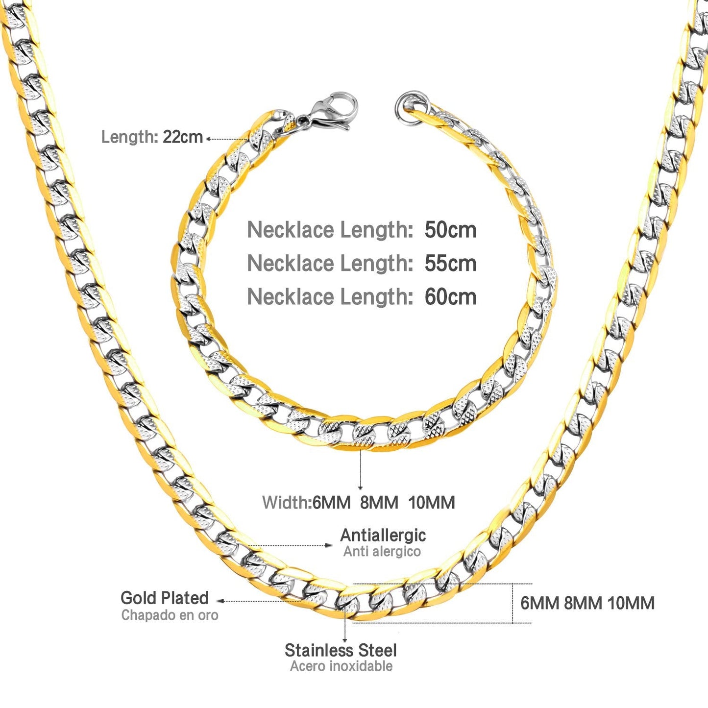 ASON Women/Men 6MM/8MM/10MM Width Necklace Set Stainless Steel Necklace with Bracelet Cuban Chain for Diy Jewelry Making
