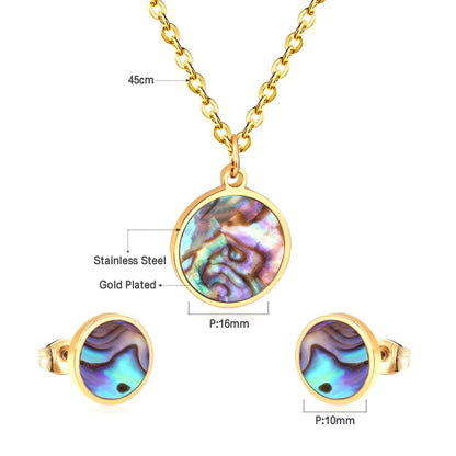 ASON Round  Wedding Shell Carbon Fiber Jewelry Sets Pendant Necklace & Small Stud Earrings 316L Stainless Steel for Women