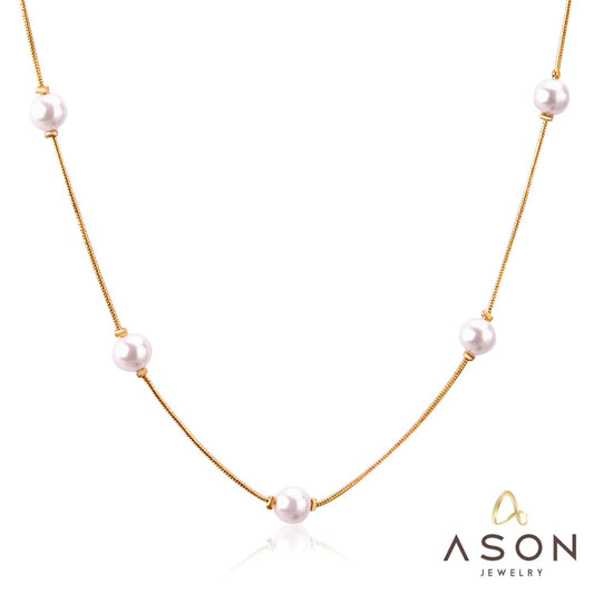 ASON White Black Round Imitation Pearl Pendant Necklace Gold Color Stainless Steel Snake Chain Jewelry Gift Party Chokers