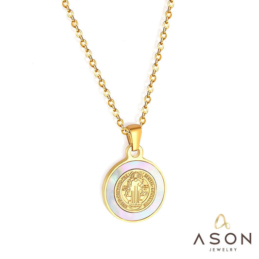 ASON Round Shell Jesus Fashion Pendant Necklaces Gold Color Stainless Steel Choker Jewelry for Women Anniversary Gift