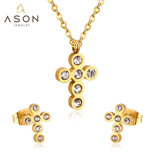 ASON Classical Cross Wedding Zirconia Jewelry Set Pendant Necklace & Drop Stud Earrings Gold 316L Stainless Steel for Women