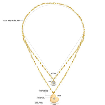ASON Heart Shape Pendant Necklaces Gold Color Stainless Steel Multi-layer Chains Round Cubic Zirconia Choker For Women