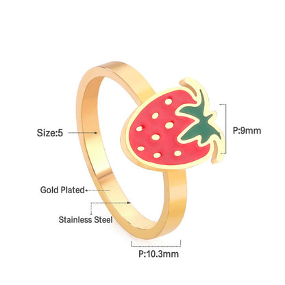 ASON Trendy Style Cute Strawberry Shape Circle Ring Gold Color Stainless Steel For Women Jewelry Accessory Daily Wear Patry