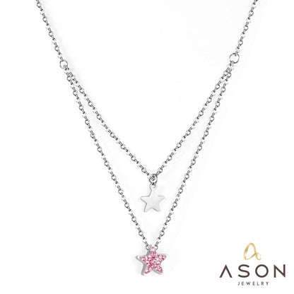 ASON Trendy Star Pendant Double Chain Necklace Stainless Steel Multi-layer Choker for Women Party Gift Jewelry Accessory