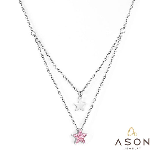ASON Trendy Star Pendant Double Chain Necklace Stainless Steel Multi-layer Choker for Women Party Gift Jewelry Accessory