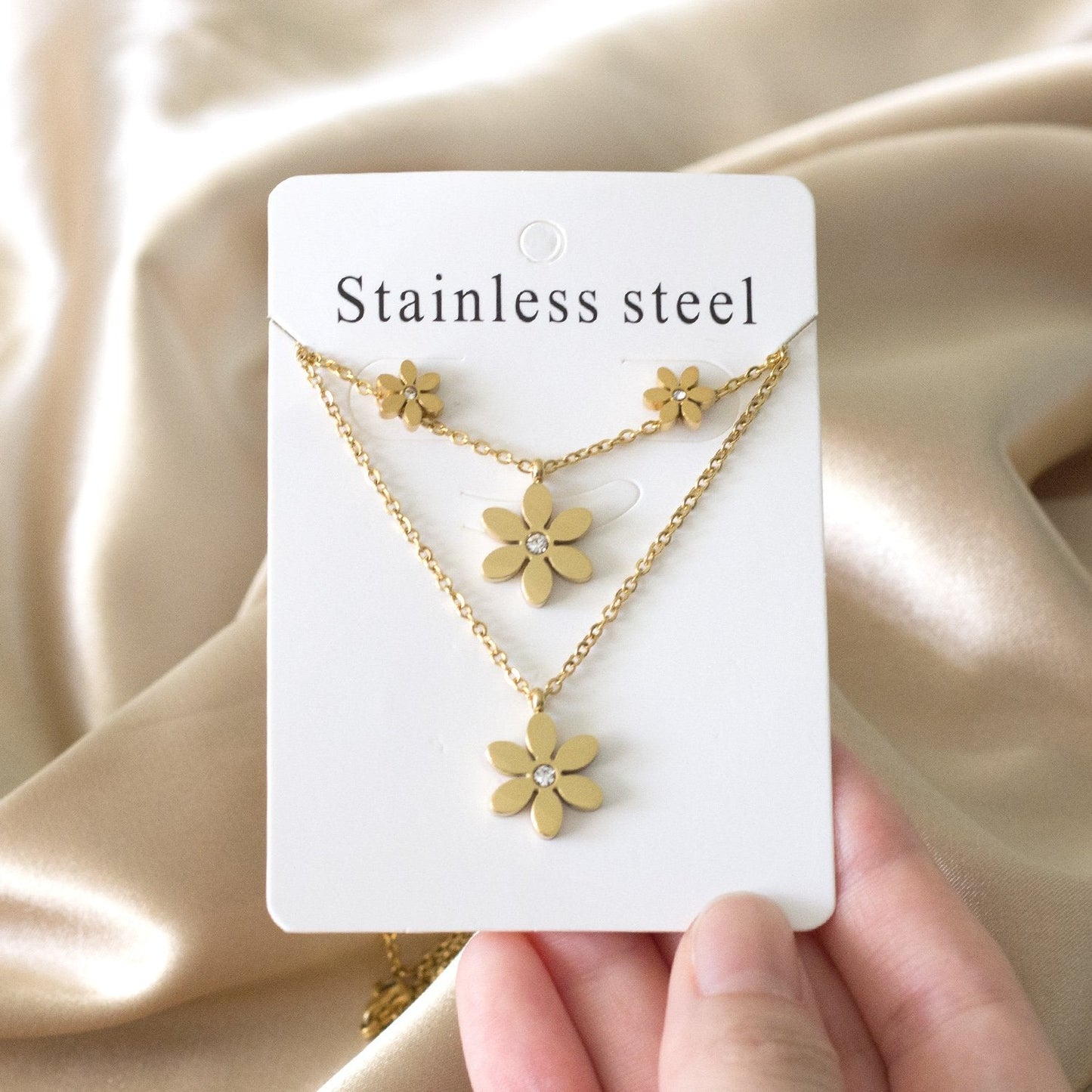 New Gold Flower Shape Stainless Steel Double Necklaces Earrings Sets For Female Trendy Jewellry Sets bijoux femme