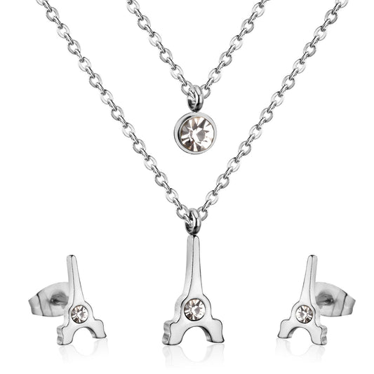 Brand New Stainless Steel Eiffel Tower Pendants Round Crystal Double Necklace Earrings For Women Dubai Jewelry Set