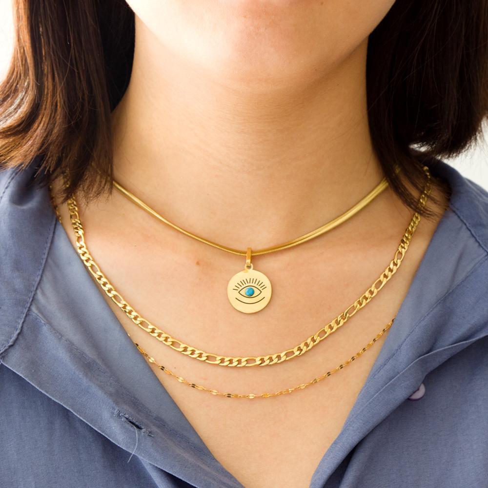 Vintage Multilayer Necklace For Women Stainless Steel Blue Evil Eyes Pendant Snake Figaro Chain Choker Y2k Jewelry