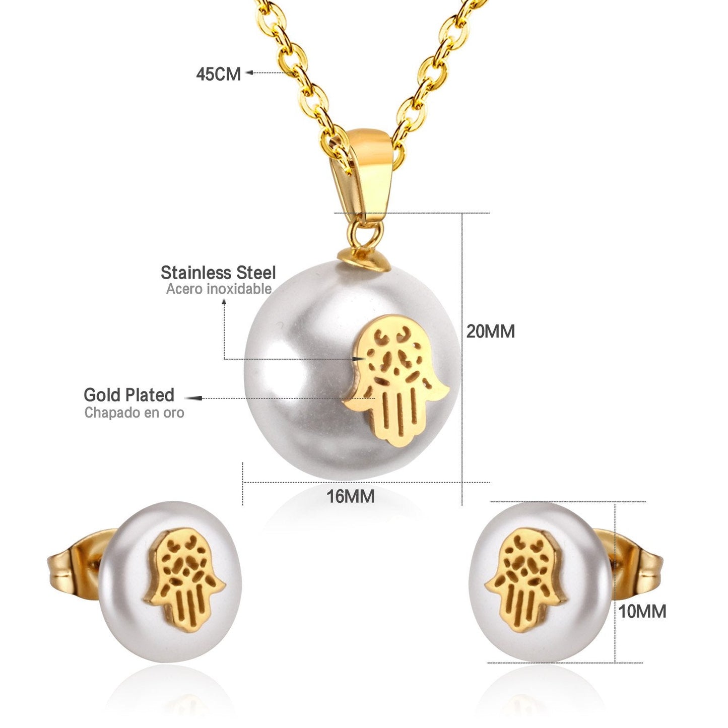Hand Fake Pearl Wedding Dubai Jewelry sets Stainless Steel Women Small Stud Earring Necklace Jewelry sets