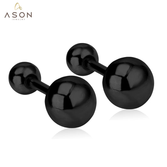 ASON Wholesale Black Color Size 4mm/5mm/6mm/7mm/8mm Stainless Steel Screw Earrings Women Men's Double Ball Punk Gift