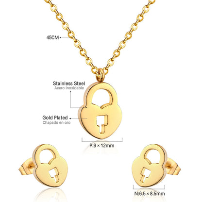 Heart Shape Lock Stainless Steel Silver Color Necklaces Earrings Sets For Ladies Party Jewelry Set pendientes mujer
