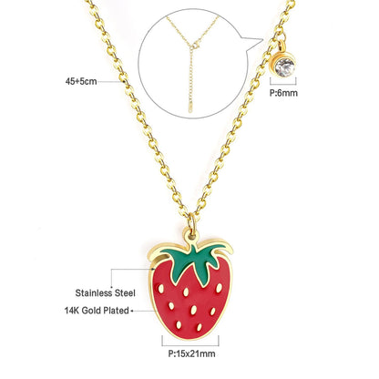 Enamel Girls Kids Jewelry Cute Crystal Strawberry Pendant Necklace for Women Stainless Steel Waterproof Sweet Choker Birthday Gifts