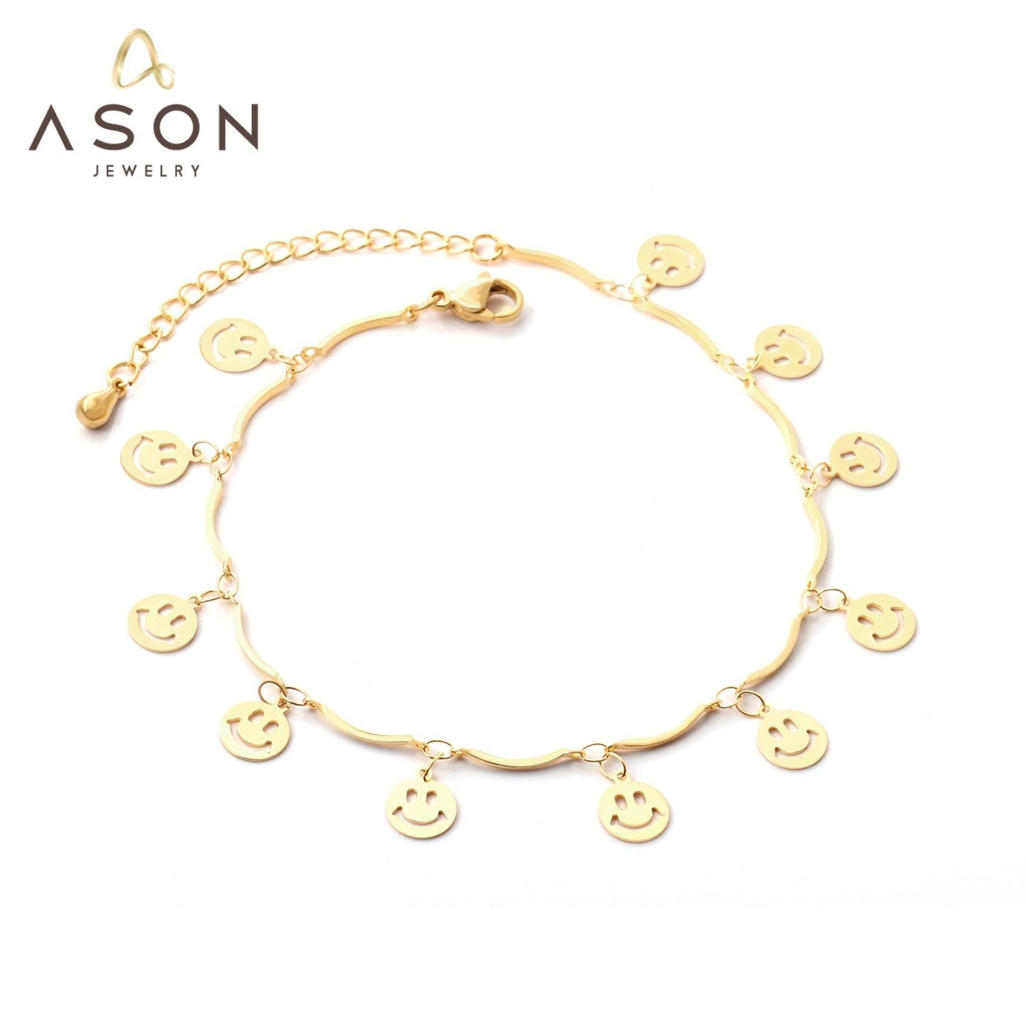 ASON Sweet Barefoot Smiley Face Anklet Chain Stainless Steel Gold Color for Women Gift Foot Chain Accessories Jewelry