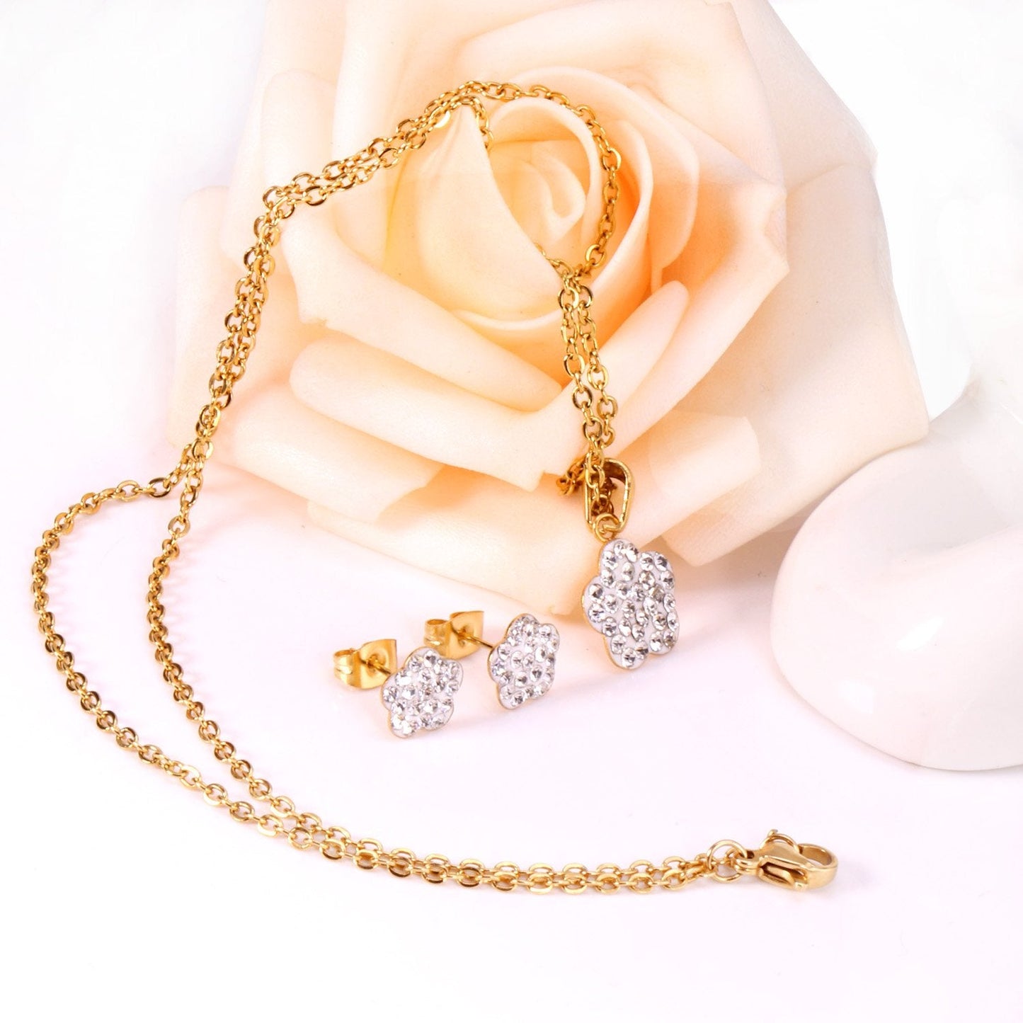 Asonjewelry CZ Flower Gold Color Wedding Jewelry Set for Women 316L Stainless Steel Necklace Pendants Small Stud Earring
