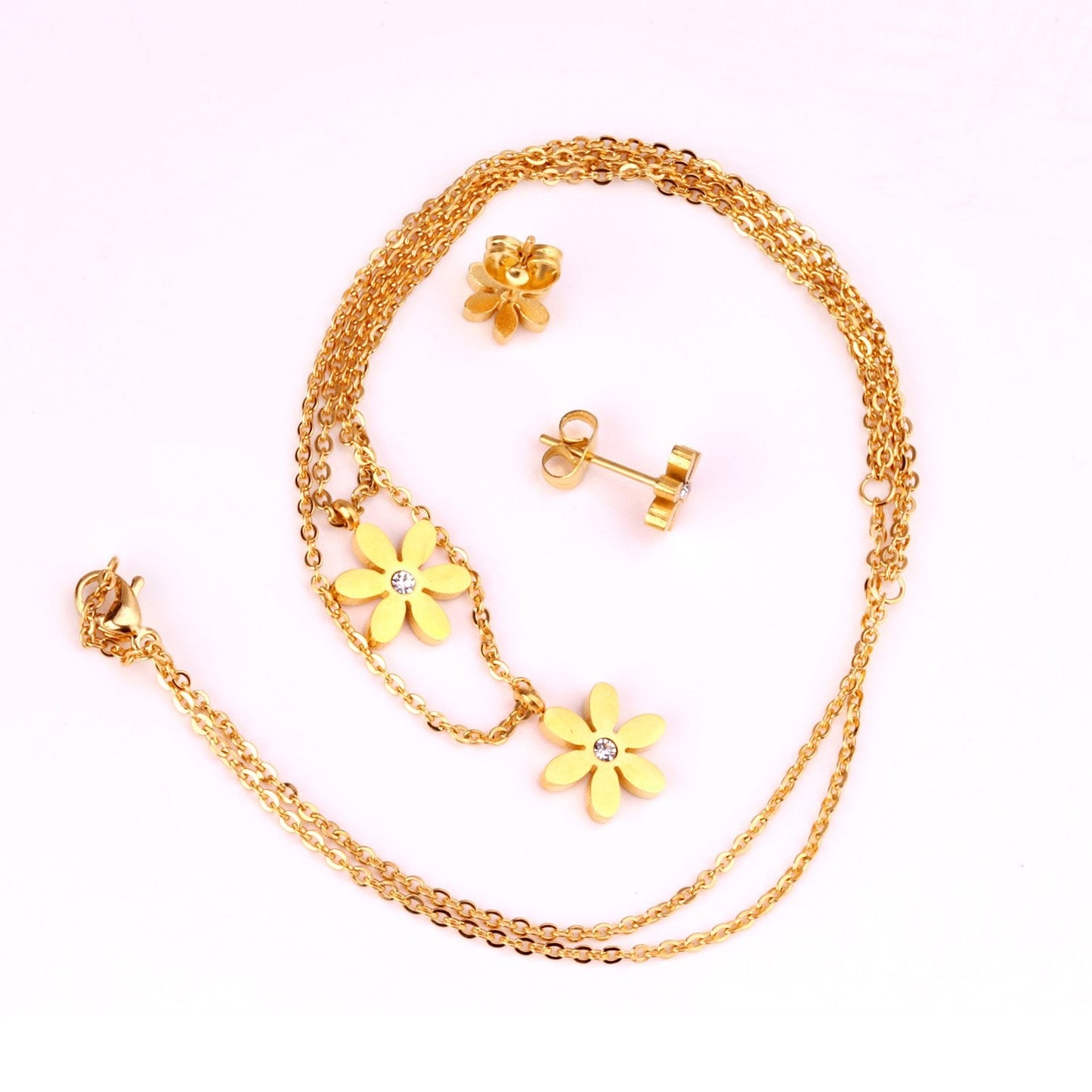 New Gold Flower Shape Stainless Steel Double Necklaces Earrings Sets For Female Trendy Jewellry Sets bijoux femme