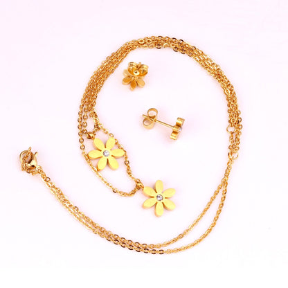 New Gold Flower Shape Stainless Steel Double Necklaces Earrings Sets For Female Trendy Jewellry Sets bijoux femme