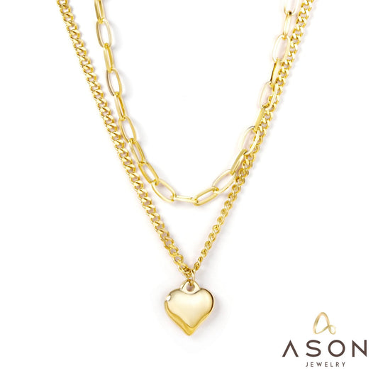 ASON Trendy Multi Layer Heart Pendant Stainless Steel Gold Color Chain Choker for Women Girl Fashion Jewelry Party Gift