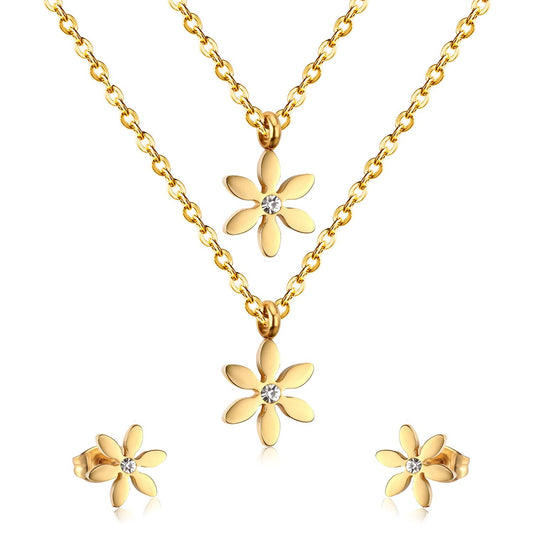 New Gold Flower Shape Stainless Steel Double Necklaces Earrings Sets For Female Trendy Jewellry Sets bijoux femme