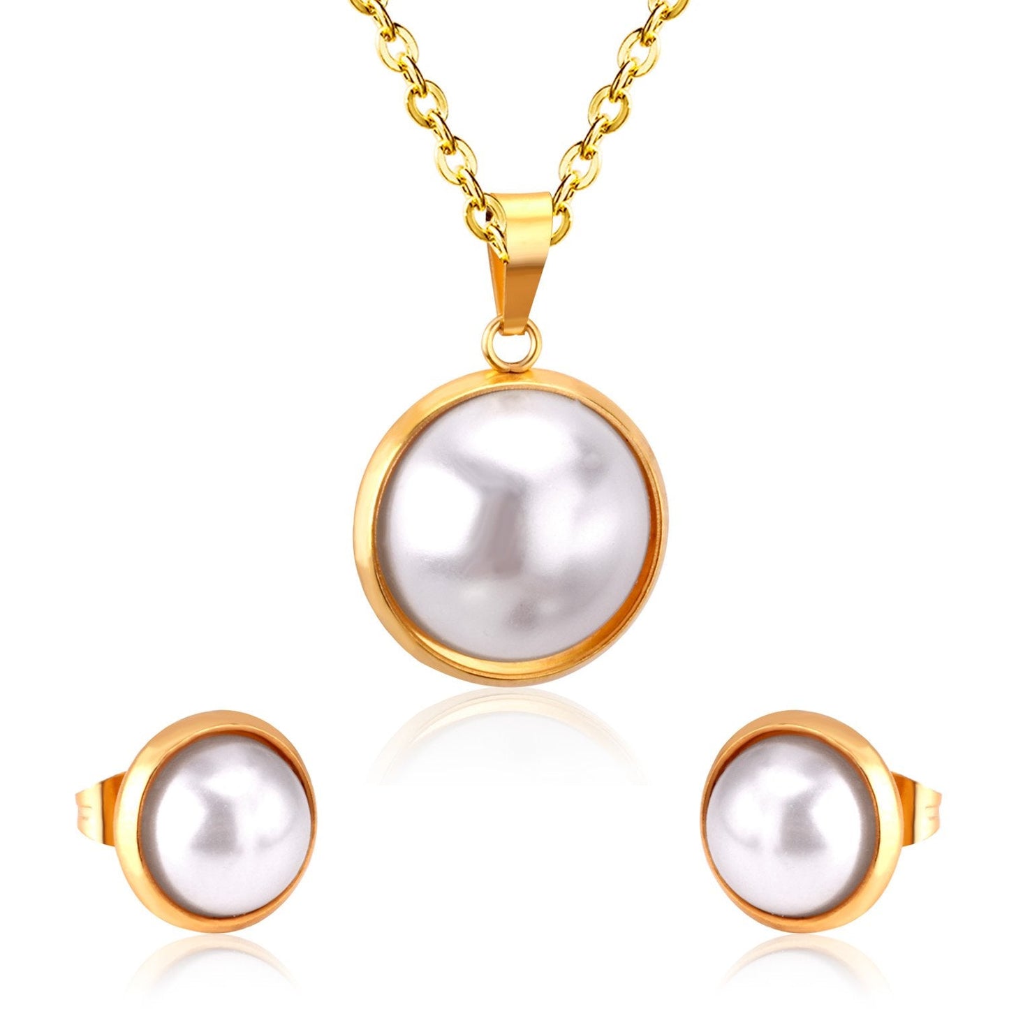 Half Imitation Pearl Stainless Steel Necklace Earrings Set Gold/Silver Color For Woman Wedding Jewellry Accessories