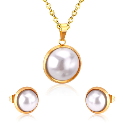 Half Imitation Pearl Stainless Steel Necklace Earrings Set Gold/Silver Color For Woman Wedding Jewellry Accessories